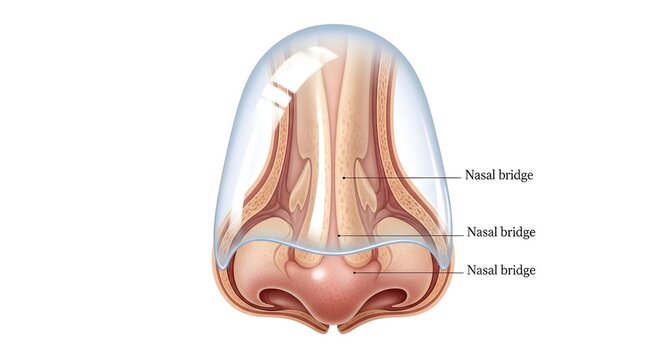 Frontal inferior anatomical diagram of the human nose highlighting the nasal bridge, showing bony and cartilaginous support from bridge to tip and its relationship to nasal septum, nostrils and facial