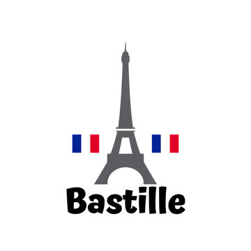 The iconic eiffel tower with french flags in the background and the word bastille written underneath.