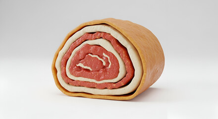 Fototapeta premium A single isolated rolled pastry with cream and meat filling on a plain background, showcasing food preparation and culinary arts
