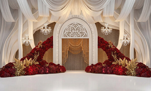 Luxurious wedding stage decoration with red floral arrangements, white drapery, and crystal chandeliers