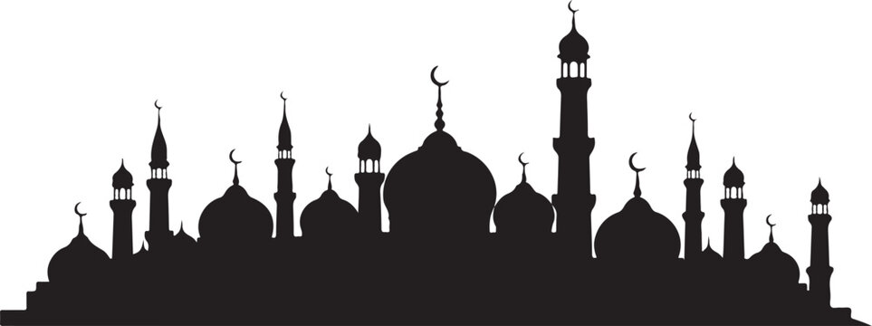 Black silhouette of mosque with domes and minarets on white background
