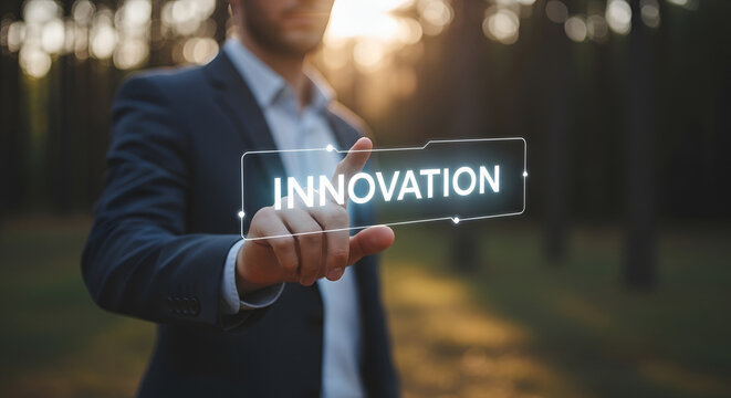 Businessman touching glowing digital innovation button in a forest setting, forward thinking and new ideas, business growth and technology concepts