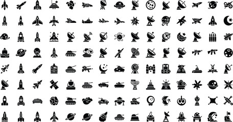 Fototapeta premium Space, Military, and Technology Icons Set Featuring Rockets, Satellites, Tanks, Weapons, and Space Exploration Symbols for Science, Defense, and Innovation Designs