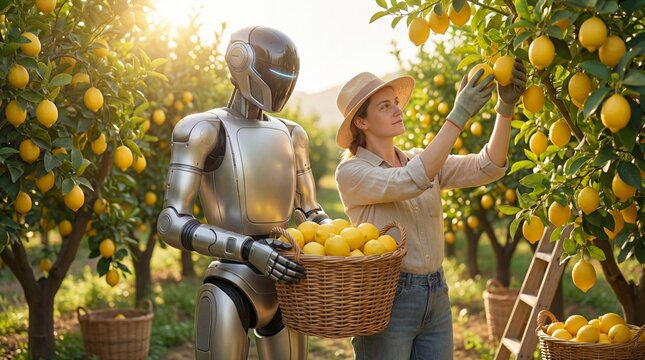 Close up of metallic humanoid robot hand picking fresh yellow lemon from tree
