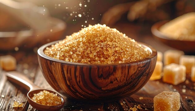 Close-up shot of brown sugar cascading into a wooden bowl, other elements are a scoop, cube sugar, and a bowl