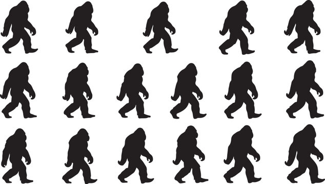 Bigfoot silhouettes walking in various poses and directions together