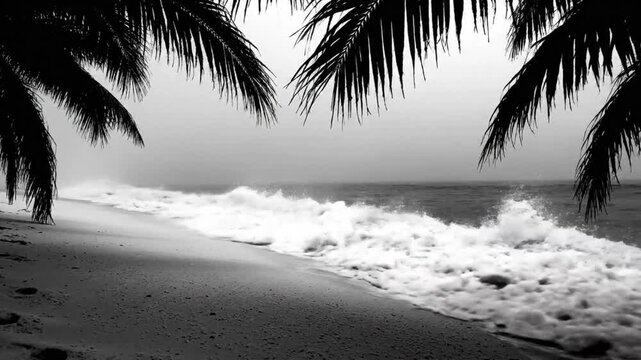 Black and white view of a beach with palm tree silhouettes as waves crash against the shore