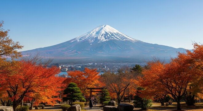 Majestic Mount Fuji with Autumn Foliage and Clear Skies.