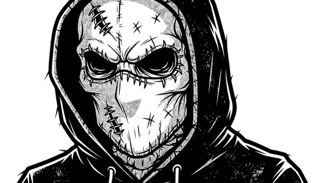Scary masked man in hoodie, horror character, stitched face, dark illustration