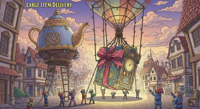 Whimsical Delivery - A Giant Teapot and Balloon in Town.