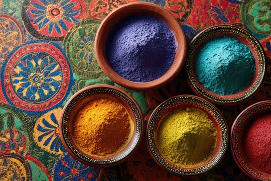 Colorful Holi powders in bowls arranged on a vibrant patterned background.