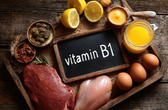 Assortment of Foods Rich in Vitamin B1 Thiamine on a Rustic Wooden Table.