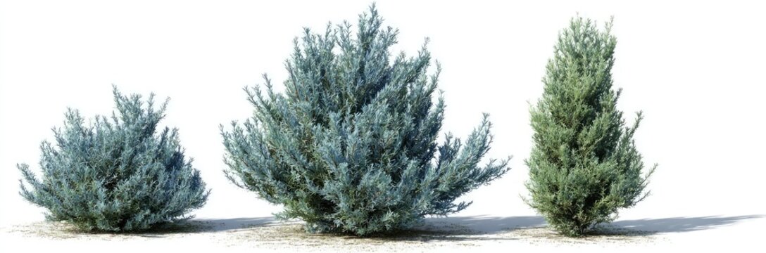 Three different types of evergreen shrubs and trees isolated on a white background.