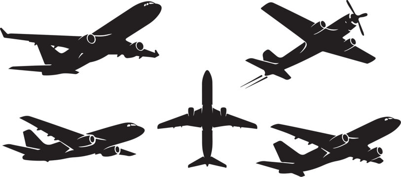 Silhouettes of various airplanes in different flight positions and angles