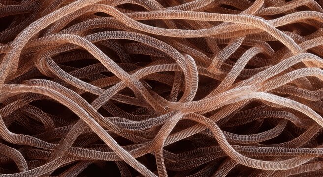 Microscopic View of Nematode Worms Intertwined in a Dense Cluster.