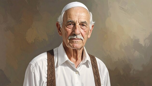 Elderly man with mustache, white shirt, suspenders, & skullcap stands against a neutral-toned, painted-style background