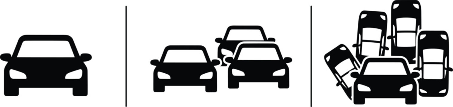 Car traffic congestion icon set showing single vehicle road traffic and heavy urban gridlock jam in flat black silhouette vector style for city transportation infographics