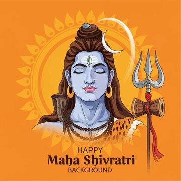 Vector illustration of Hindu God Lord Shiva with closed eyes, featuring a trishula trident, damru drum, crescent moon, and cobra snake on an orange background for Maha Shivratri festival.