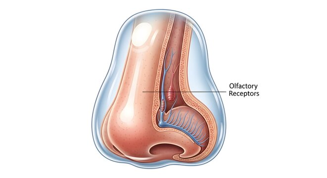 Frontal cross‑section illustration of the human nose highlighting the olfactory receptors in the upper nasal cavity, tracing the pathway of air carrying odor molecules to sensory cells responsible for