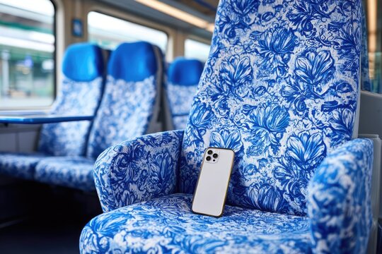 Smartphone resting on a patterned seat inside a modern train carriage.