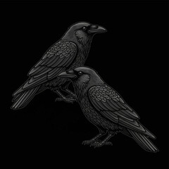 Fototapeta premium Detailed grayscale illustration of two black ravens with intricate feather textures perched against a solid black background. Vintage woodcut style avian drawing with dark tones.