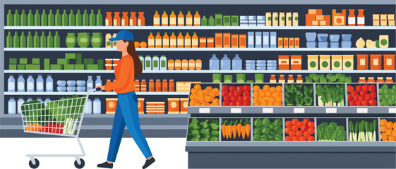 Young woman pushing shopping cart through supermarket aisle with grocery shelves and fresh produce organic vegetables and fruit vector illustration © Bappi