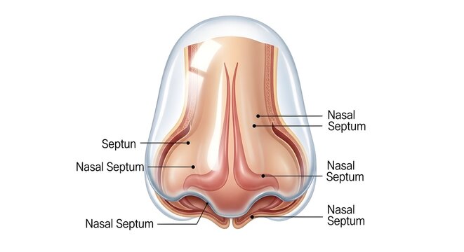 Inferior anatomical view of the human nose focusing on the nasal septum, showing midline cartilaginous wall separating the two nostrils and outlining septal support, symmetry, airflow channels and pot