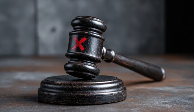 Gavel with Red X Symbol on Dark Textured Background.