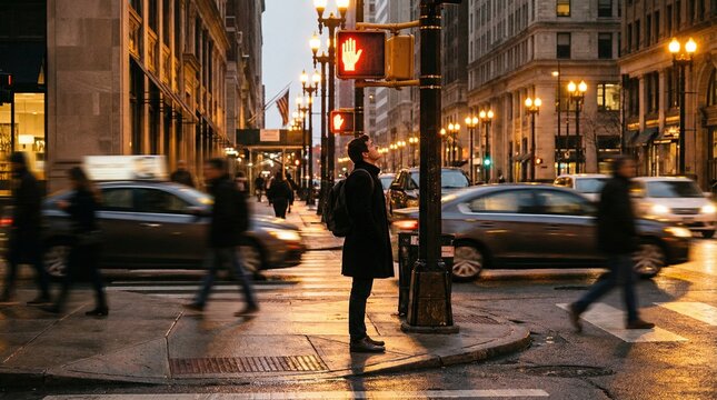 Person Waiting at Street Corner with Blurred Traffic and City Lights at Night
