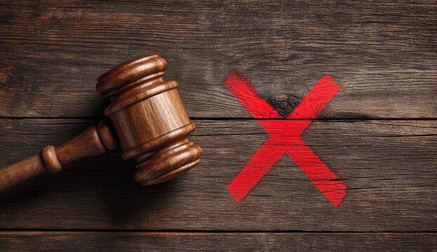 Wooden Judges Gavel and Red X Mark on Rustic Table.