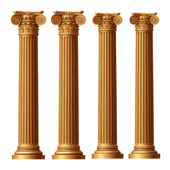 Obraz premium Set of four antique gold ionic columns featuring fluted shafts and decorative capitals with volutes and ornate carvings, isolated on a white background for architectural design.