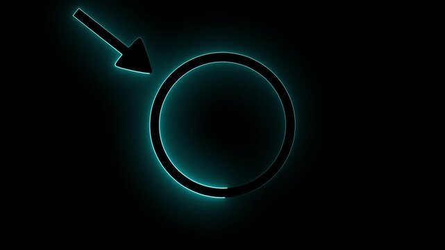 Glowing neon symbol for male gender on dark background with arrow pointing to left corner representing masculinity and direction.