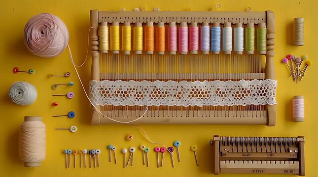 A vibrant yellow backdrop showcases sewing tools yarn balls, spools of colorful threads, lace, and pins, arranged artfully. A still life