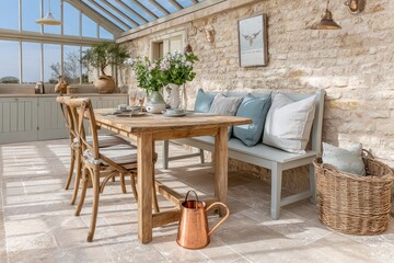 Fototapeta premium Rustic Conservatory Dining Area With Wooden Table Stone Walls Pale Blue Bench And Decorative Cushions Bathed In Natural Sunlight