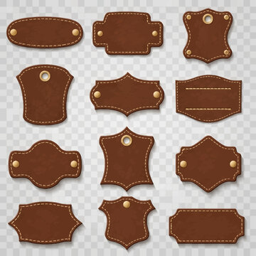 Collection of twelve brown leather labels and tags in various geometric shapes featuring realistic grain texture, perimeter yellow stitching, and gold metal rivets on transparent background.