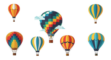 Obraz premium Set of seven stylized hot air balloon vector illustrations featuring diverse patterns like stripes, checkers, and scallops, isolated on white background with baskets.