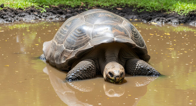 A large tortoise sitting in a muddy pond with green grass in the background and looking forward