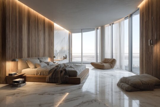 Luxurious Modern Bedroom with Ocean View and Elegant Decor.