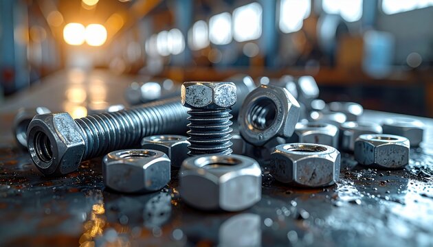 A close-up view of industrial steel bolts and nuts used for fastening and construction