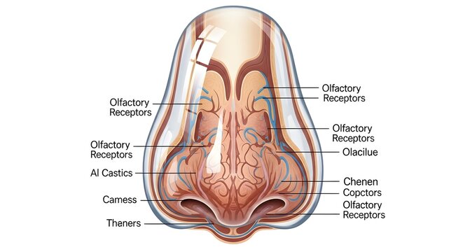 Frontal inferior view diagram of the human nasal cavity displaying olfactory receptors high in the nasal roof and chemoreceptors throughout the mucosa, illustrating pathways for smell perception, odor