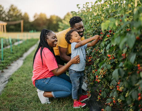 Happy African American Family Picking Fresh Berries on a Farm