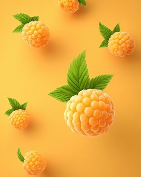 Close-up view of ripe golden cloudberries and raspberries with green leaves scattered on a warm orange background