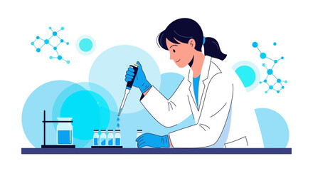 Fototapeta premium Scientist working in laboratory with pipette and test tubes, molecular structures background
