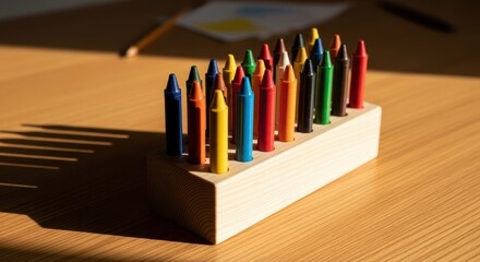 Obraz premium Colorful Crayons Arranged in Wooden Holder on Table