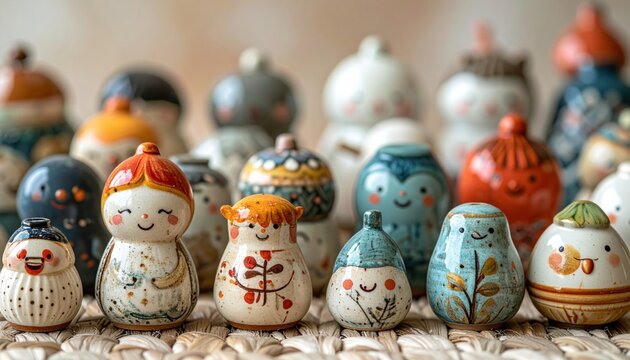 Collection of Adorable Ceramic Figurines with Whimsical Designs Displayed on a Woven Surface