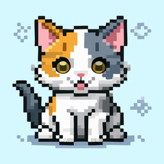 Obraz premium happy calico kitten with paws up pixel art illustration for celebratory game achievement icons and cute animal lover digital content