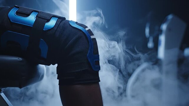 Close-up of Athlete's Knee Brace with Cooling Mist for Injury Recovery and Performance Enhancement