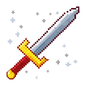 silver sword with gold hilt pixel art illustration for RPG game weapons and combat inventory assets for retro style fantasy gaming