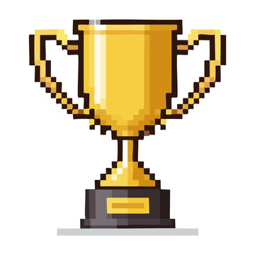 classic winner trophy cup pixel art design for sports game UI and ranking achievement icons for retro style digital gaming projects