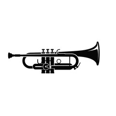 Naklejka premium Stylized black silhouette of a trumpet musical instrument isolated on a white background. Detailed side view of a brass wind horn showing valves, mouthpiece, and bell for jazz music.